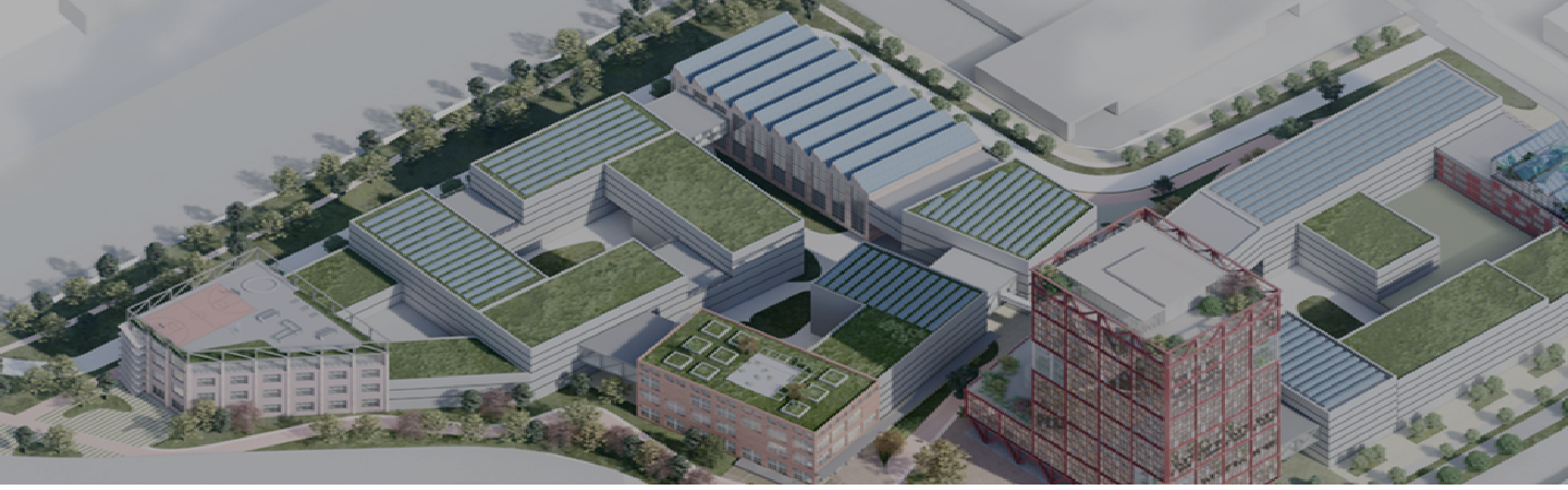 The image depicts an aerial view of an architectural layout, featuring several buildings with green roofs and solar panels. There is a mix of rectangular and more irregularly shaped structures, along with landscaped areas and roads surrounding them.