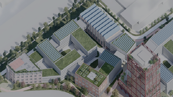 The image depicts an aerial view of a modern architectural complex. It includes multiple buildings with green rooftops and solar panels, indicating a focus on sustainability. The buildings are arranged in a geometric layout, and surrounding them are pathways and trees, suggesting a well-planned urban or business district.