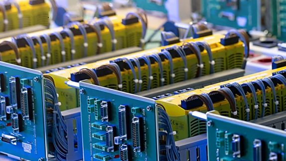 ### Content Description:

1. **Cryptocurrency Mining Rigs:**
   - The image features several cryptocurrency mining rigs, likely used for mining digital currencies like Bitcoin, Ethereum, or other altcoins. These rigs are composed of various hardware components essential for the complex calculations needed to verify and record transactions in the blockchain.

2. **Graphic Processing Units (GPUs):**
   - It's apparent that multiple GPUs are installed in parallel. GPUs are highly favored in crypto mining for their ability to handle thousands of calculations simultaneously, increasing mining efficiency.

3. **Cooling Fans: **
   - The cooling mechanisms, possibly including fans (not clearly visible in the image), are critical to prevent overheating due to the highly intensive computational processes involved.

4. **Circuit Boards:**
   - Several rows of circuit boards are visible, likely housing vital components such as processors and connectors to facilitate the array of GPUs working together.

5. **Cabling and Connectors:**
   - The neat organization of cabling around the units is necessary to ensure efficient power management and data transfer among the electronic components.

6. **Yellow and Blue Color Scheme:**
   - The mining rigs display a predominant yellow and blue color scheme, which might indicate a particular brand or model type favored by miners due to performance aspects.